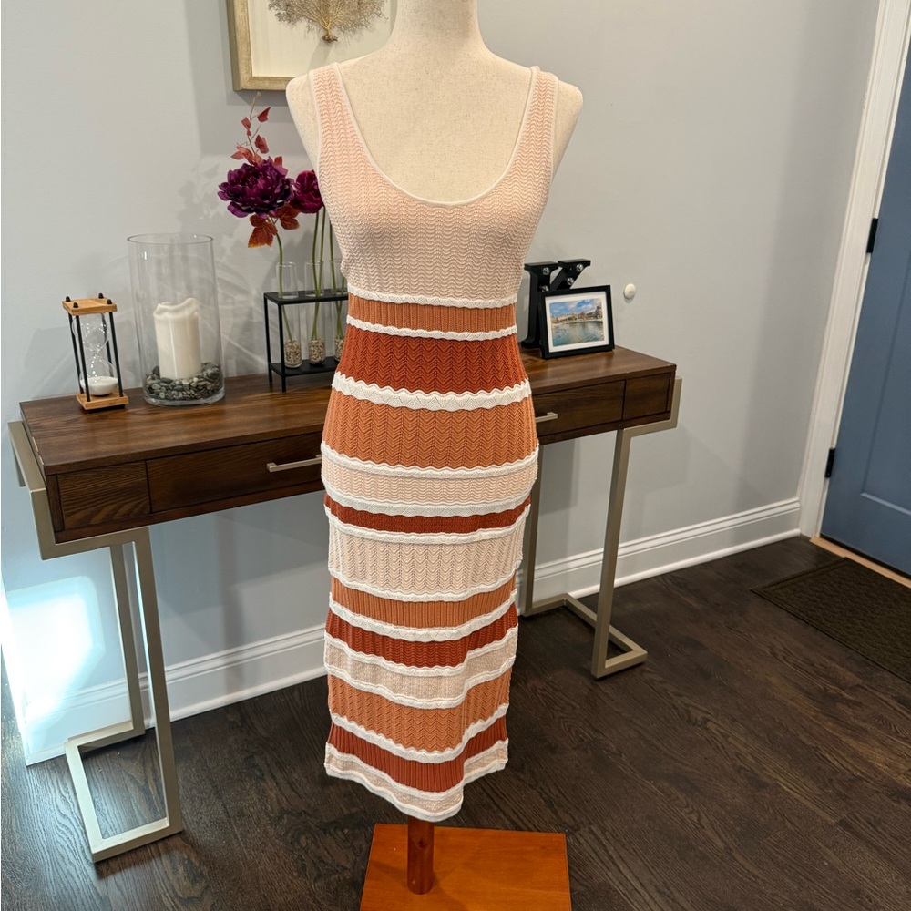 Striped Knit Midi Dress - Orange and Cream